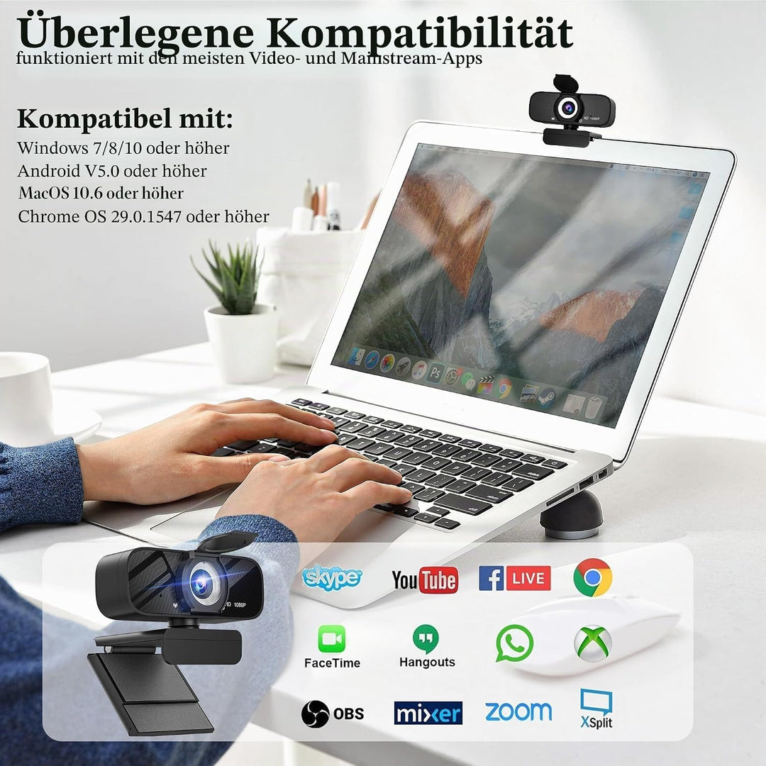 1080P HD Webcam für PC mit Autofokus & Noise Cancelling Mic Plug and Play Computer Kamera für Videok