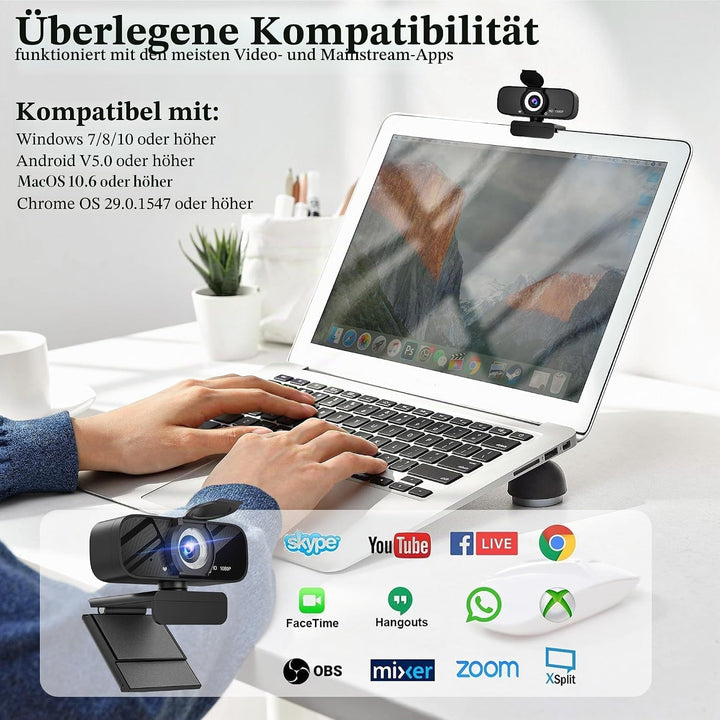 1080P HD Webcam für PC mit Autofokus & Noise Cancelling Mic Plug and Play Computer Kamera für Videok