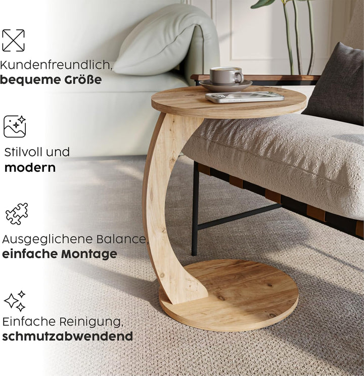 sugodesign Couchtisch mit Rollen, Kleiner Beistelltisch C Form, stylischer Sofatisch aus Holz in sch