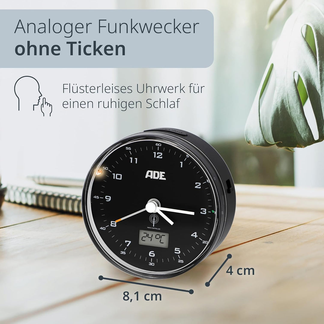 ADE Funk wecker analog ohne Ticken | Uhr mit Temperaturanzeige und Kalender | lautloser analoger Wec