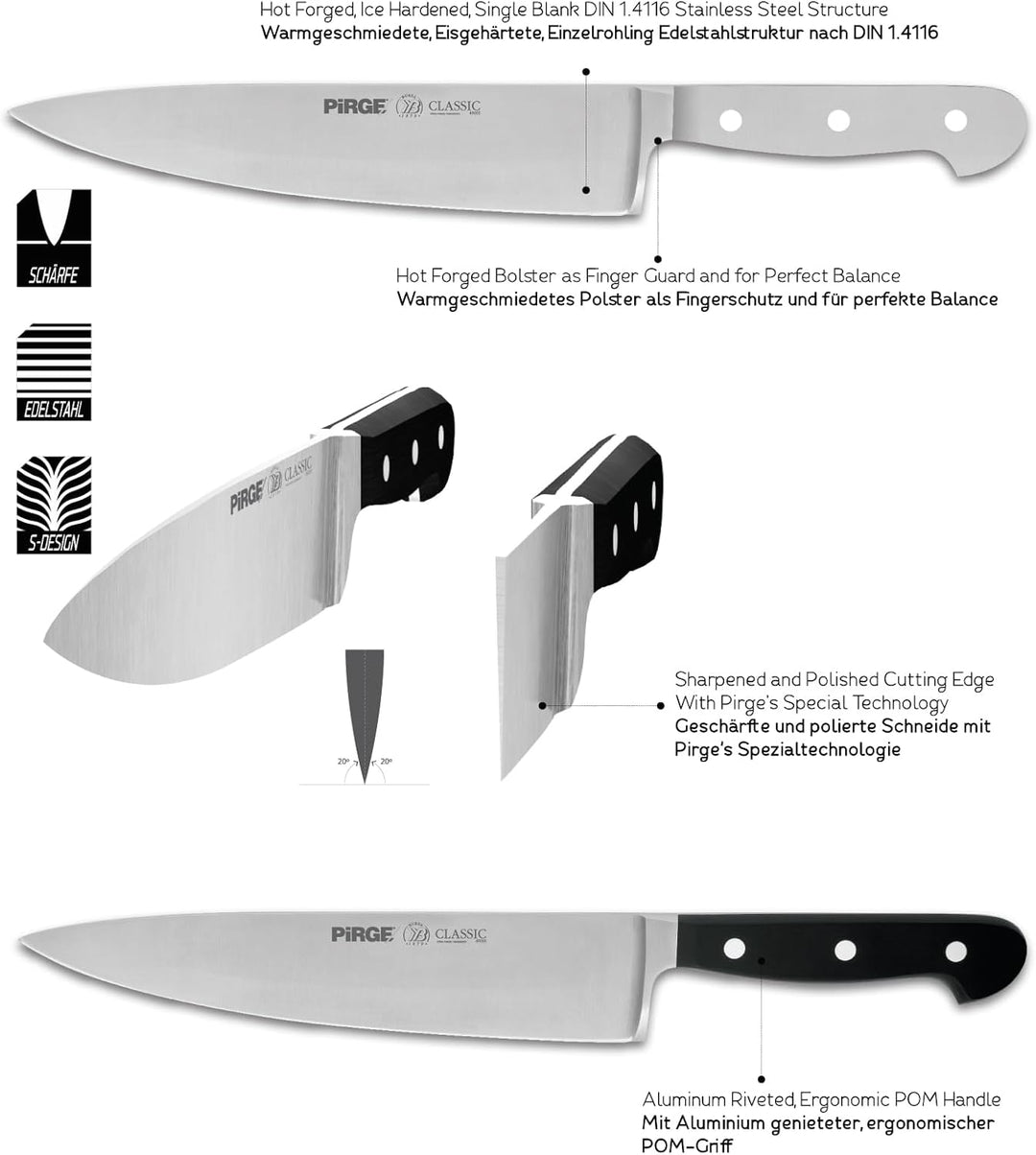 Pirge Classic Profi Messerset mit Tasche 4 Stück - Geschmiedet Messerset - Profi Kochmesser Set - Ed