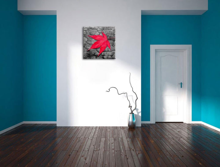Pixxprint Rotes Ahornblatt im Herbst schwarz/weiss, Format: 70x70 auf Leinwand, riesige Bilder ferti
