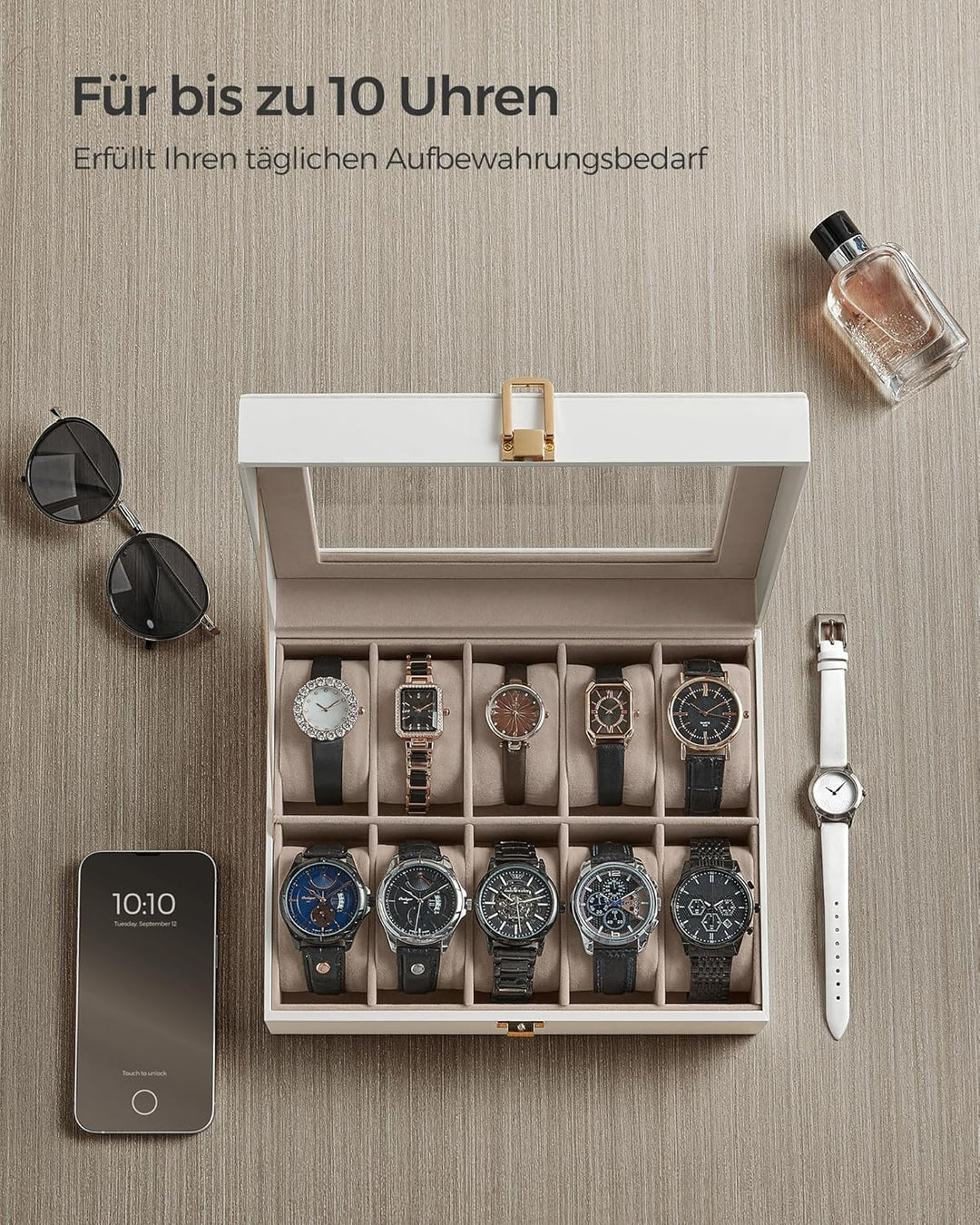 SONGMICS Uhrenbox mit 10 Fächern, Uhrenkasten, Glasdeckel, Uhrenkoffer, herausnehmbare Uhrenkissen,