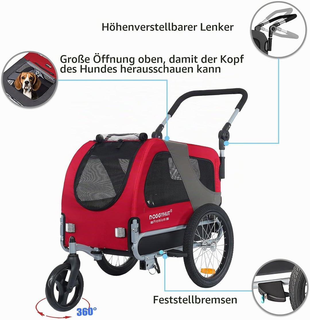 DOGGYHUT® Premium MEDIUM Hundefahrradanhänger &amp; Jogger 2in1 Fahrradanhänger 80104 (Rot)