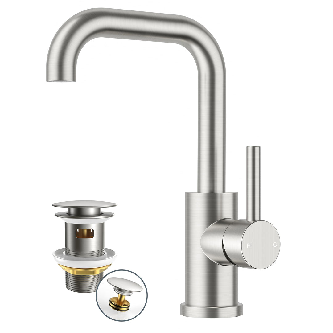 FORIOUS Wasserhahn Bad Hoch mit Ablaufgarnitur，360° Drehbar Edelstahl Waschtischarmatur Hoch mit War