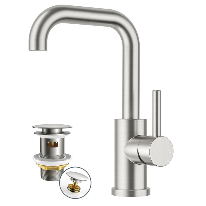 FORIOUS Wasserhahn Bad Hoch mit Ablaufgarnitur，360° Drehbar Edelstahl Waschtischarmatur Hoch mit War