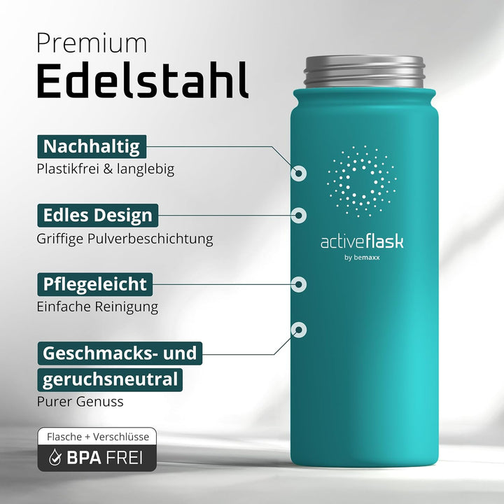 Trinkflasche Edelstahl ACTIVE FLASK + Strohhalm (3 Deckel) BPA-frei, Auslaufsicher, Kohlensäure geei