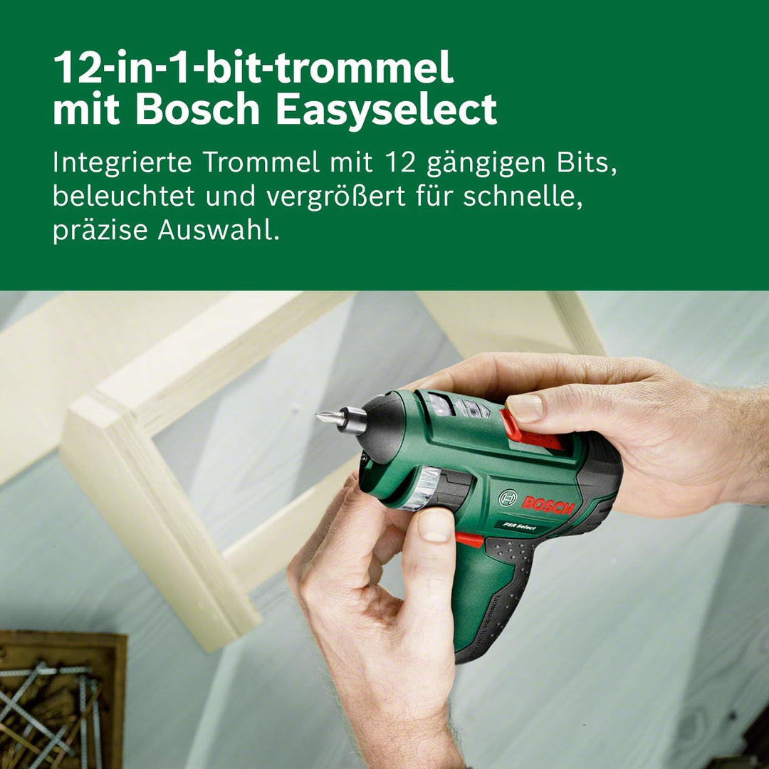 Bosch PSR SELECT Akku-Schrauber (12 Bits, Compact Power BA 4V 2.0 Ah Akku, Karton)