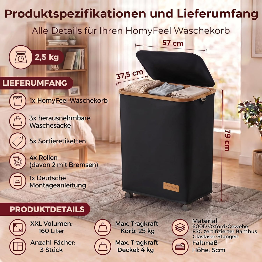 HomyFeel - Wäschekorb 3 Fächer rollbar, 160L Wäschesammler mit Deckel, Wäschesortierer gross, Oxford