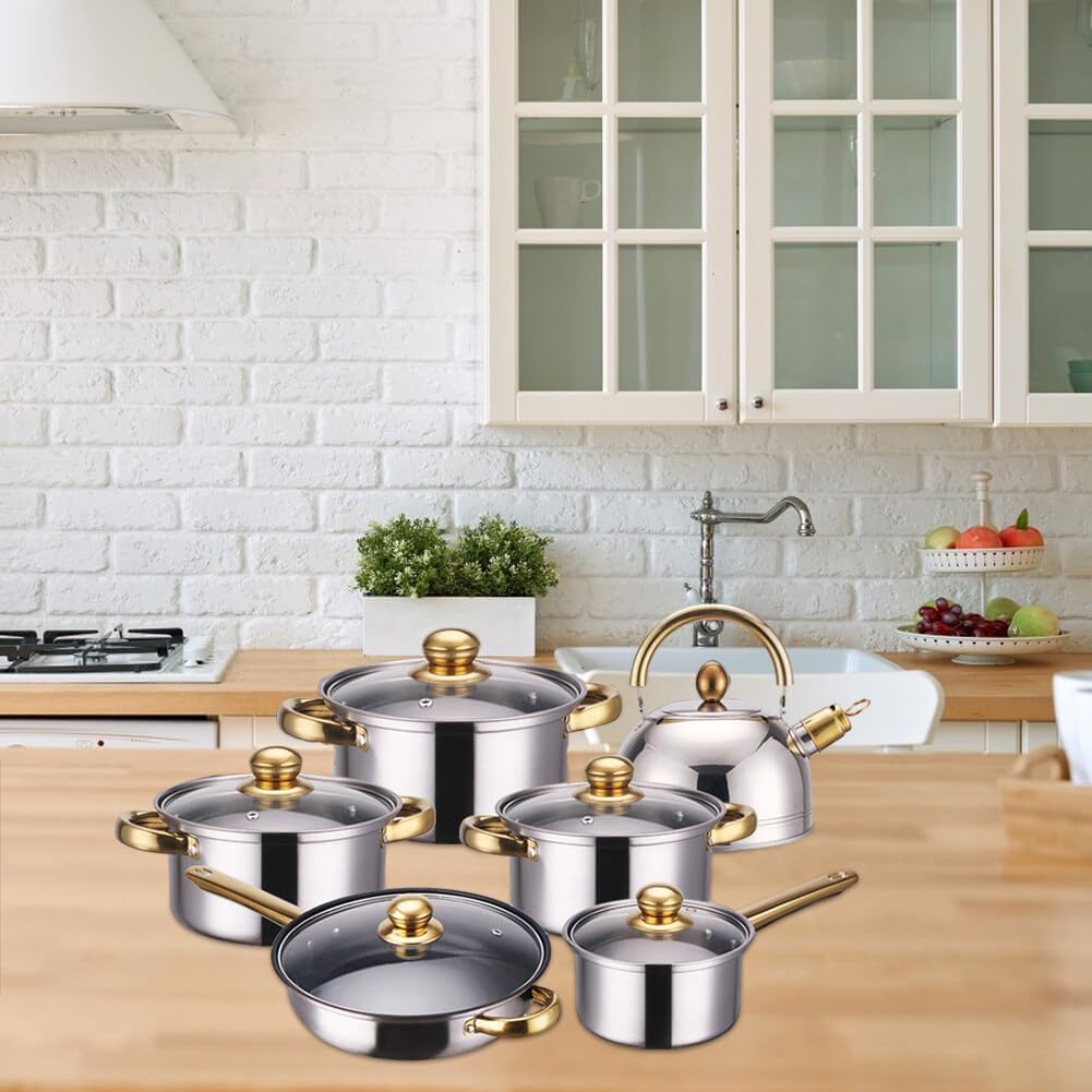 URFEDA Topf und Pfannenset, Edelstahl Kochtopfset 6-teilig Topfset mit Deckel und Griff, Kochgeschir