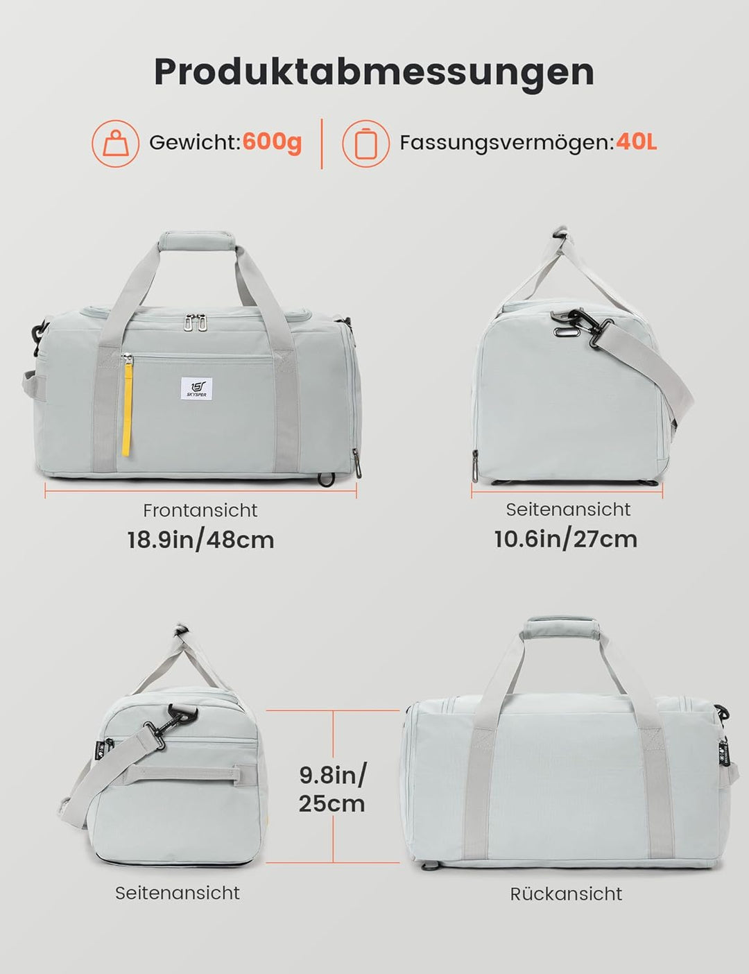 SKYSPER Sporttasche Herren 40l, Sporttasche mit Rucksackfunktion Reisetasche Gym Tasche mit Schuhfac