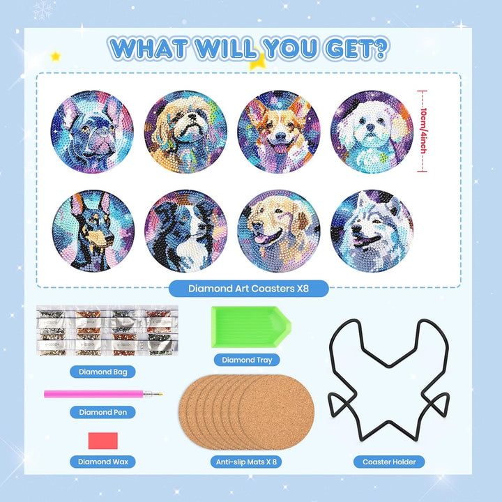 8 STK Diamond Painting Untersetzer Hund mit Halter, Diamond Painting Hund, Diamant Painting Bilder E