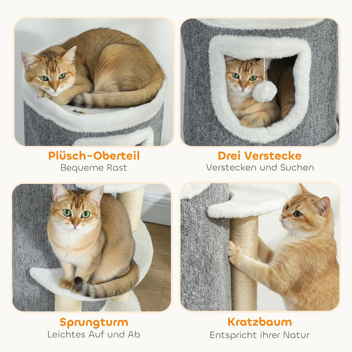 PawHut Kratztonne, 101 cm hoch Katzentonne mit Höhle, Spielball, Plüschrand, mehrstöckig Kratzbaum m