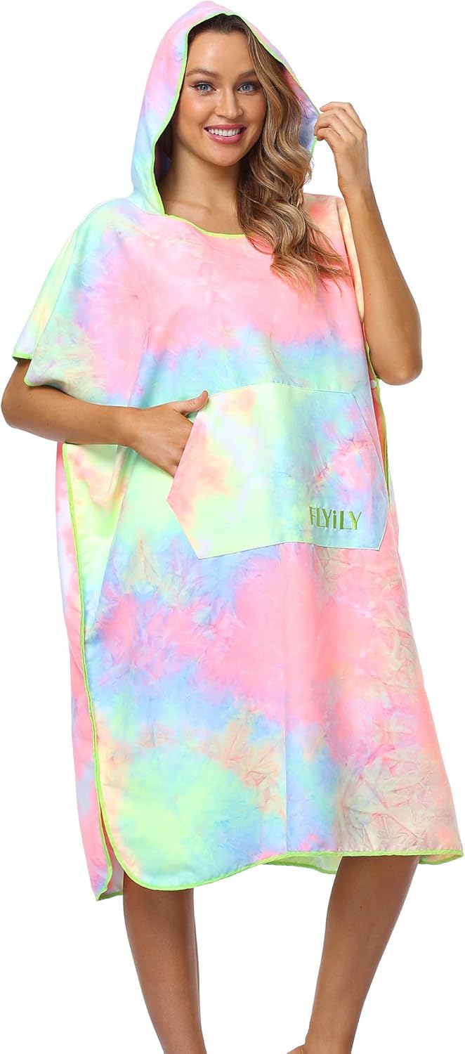FLYILY Microfaser Surf Poncho Handtuch mit Kapuze Bademantel zum Schwimmen und Strand wechseln Einhe