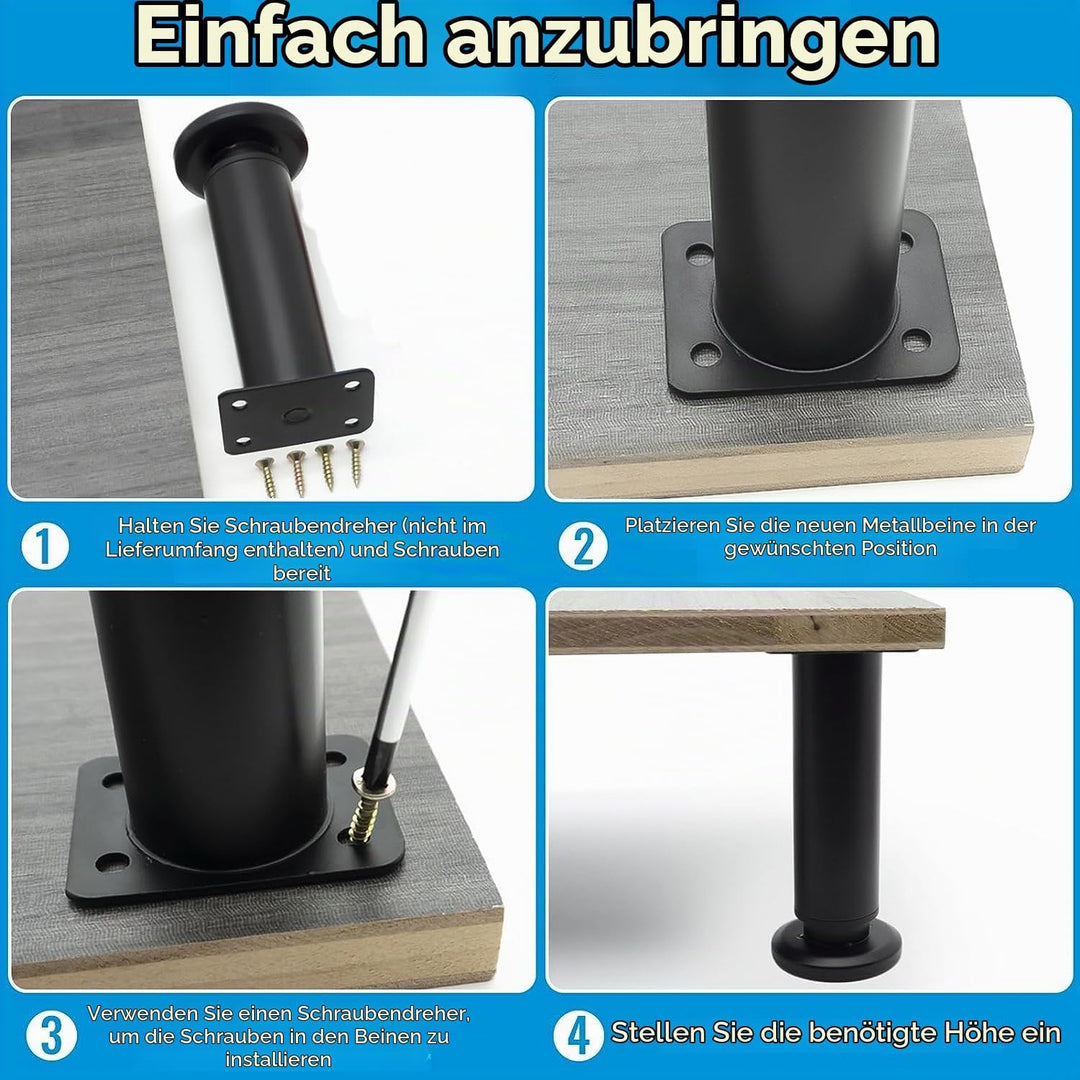 4 Schwarz Verstellbare Möbelfüsse 25-42cm,Tischbeine Metall Füsse für Möbel,rutschfest,Rostbeständig