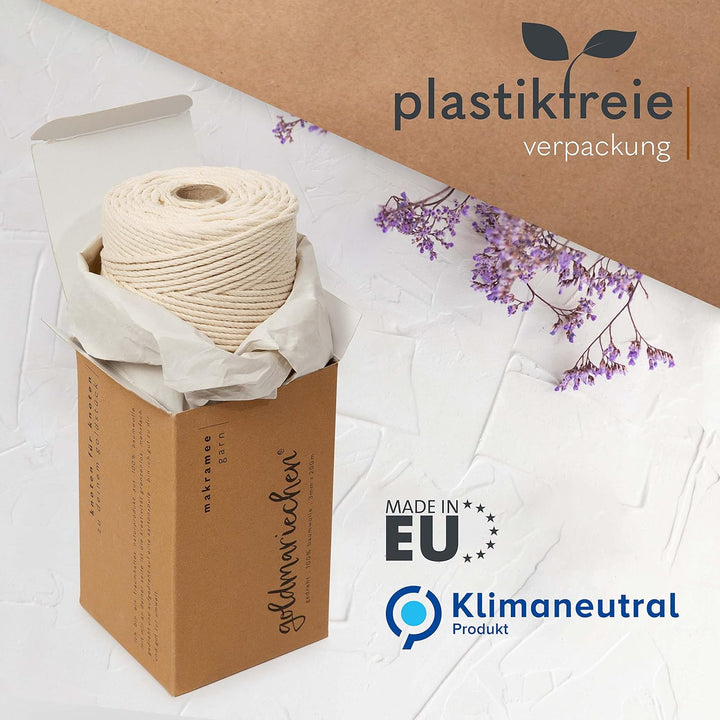 goldmariechen Premium Makramee Garn 3er Set (Naturell) 600 Meter | 3mm | 100% Baumwolle | plastikfre