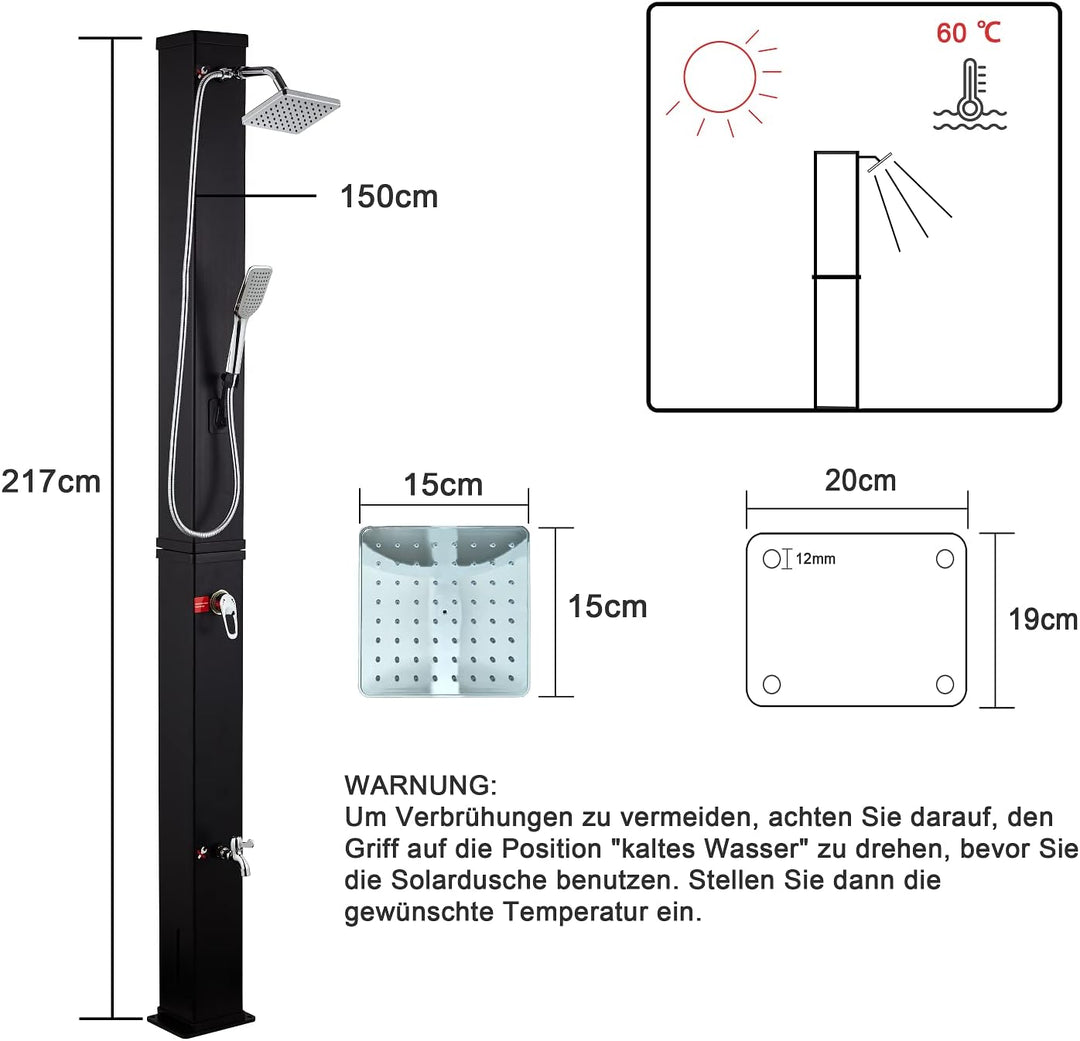 Elbe Solardusche 40L Solar Gartendusche mit Handbrause Wanneneinlauf und Regenduschkopf, Wassertempe