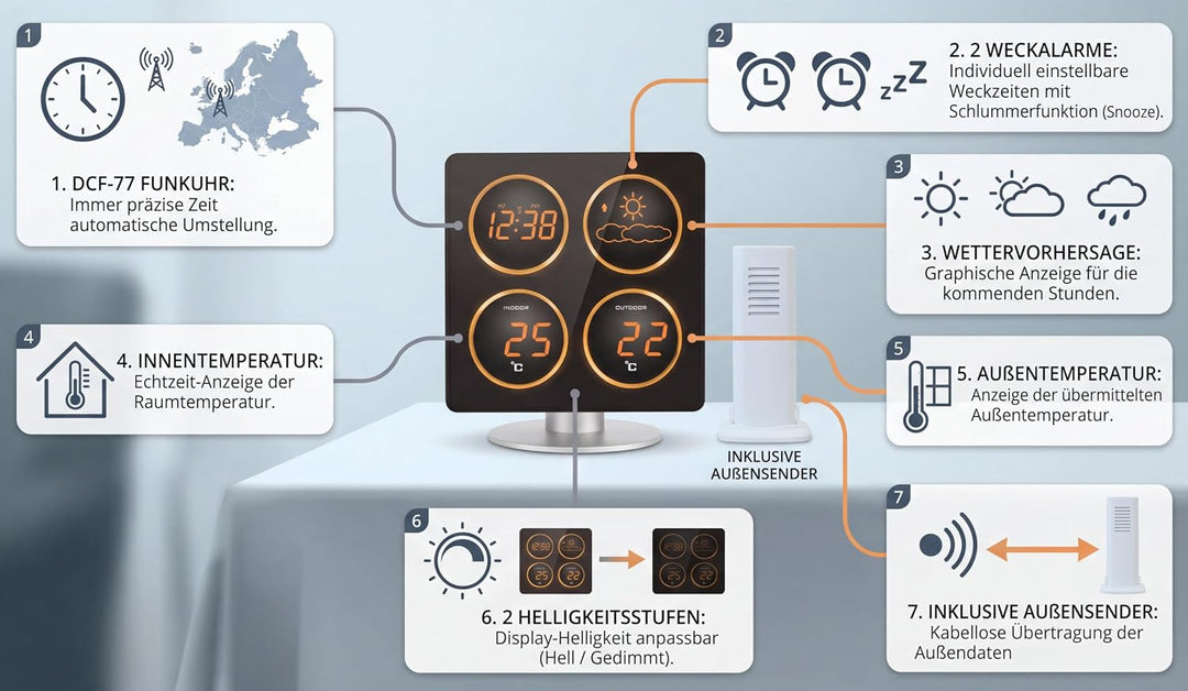 Technoline WS 6830 Wetterstation mit Wetterdendenz, Temperaturanzeigen, 2 Weckalarmen und Schlummerf