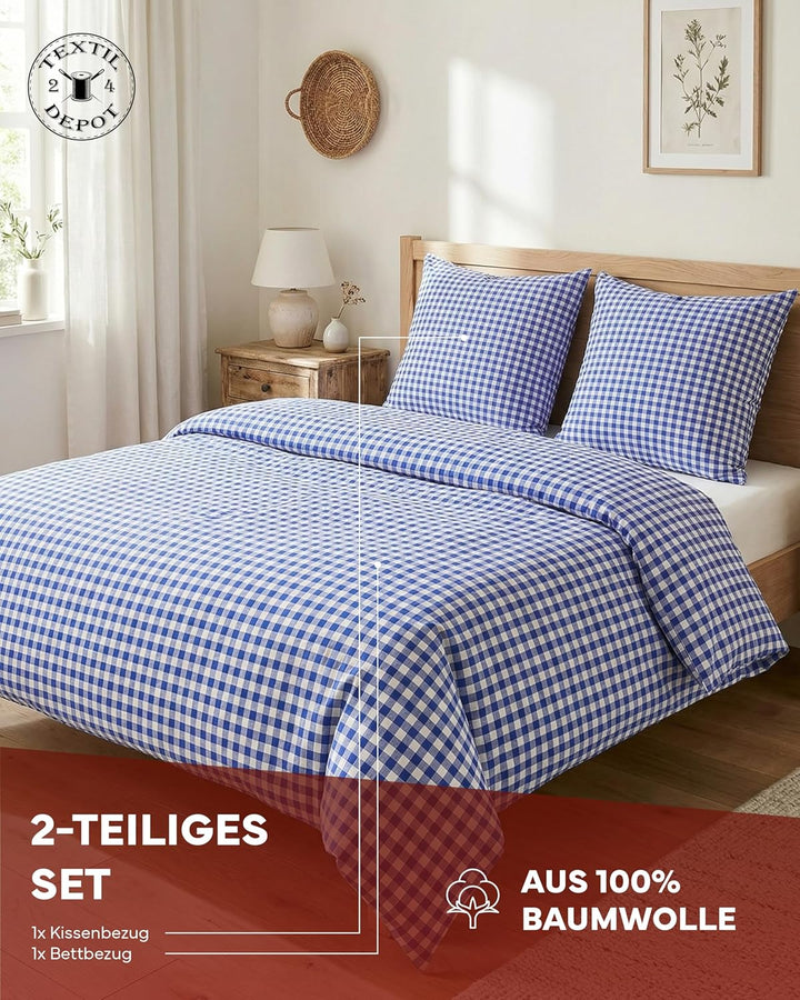 Landhaus Bettwäsche Garnitur 2-teilig 135 x 200 cm + 80 x 80 cm Baumwolle kariert blau-weiss Blau-we