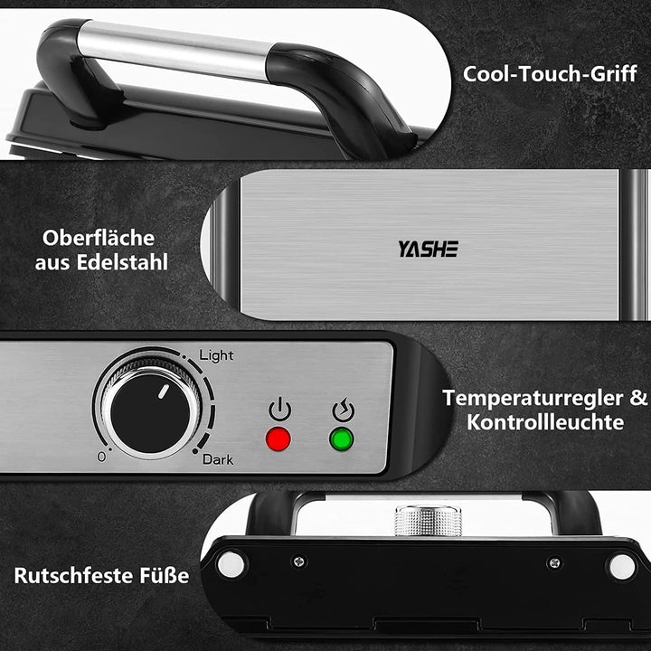 YASHE Kontaktgrill, 4 Scheiben Panini Grill Antihaftbeschichtete Platten, 1800W Toaster Sandwichtoas