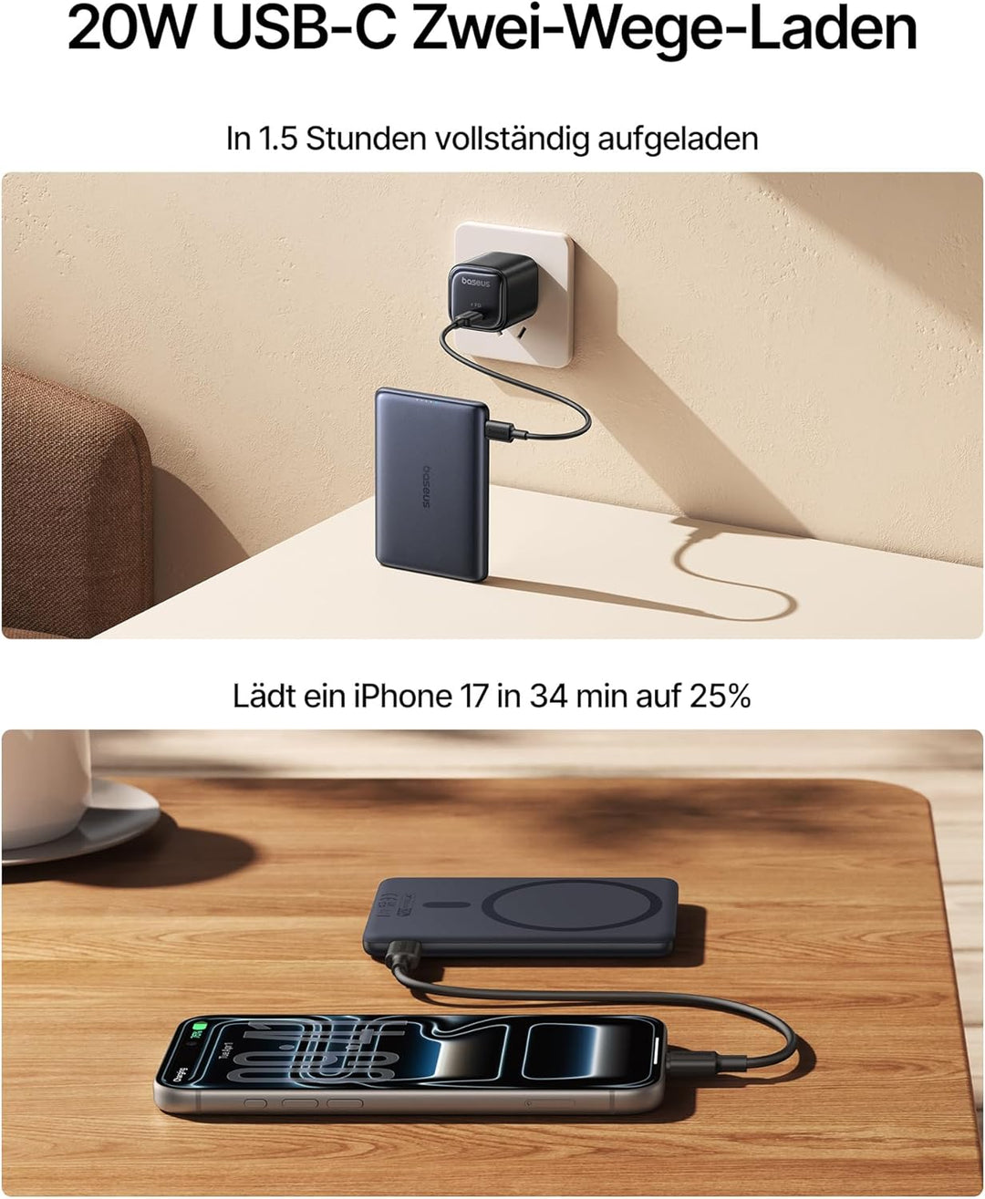 Baseus Picogo AM31 MagSafe Powerbank, Ultra Slim 20W Schnellladen 5000mAh Magnetische Powerbank, Wir