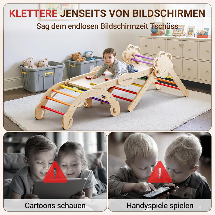 COSYLAND Klettergerüst Indoor L – Grosses Kletterdreieck Set mit Kletterbogen & Rutsche – 8-in-1 Mas