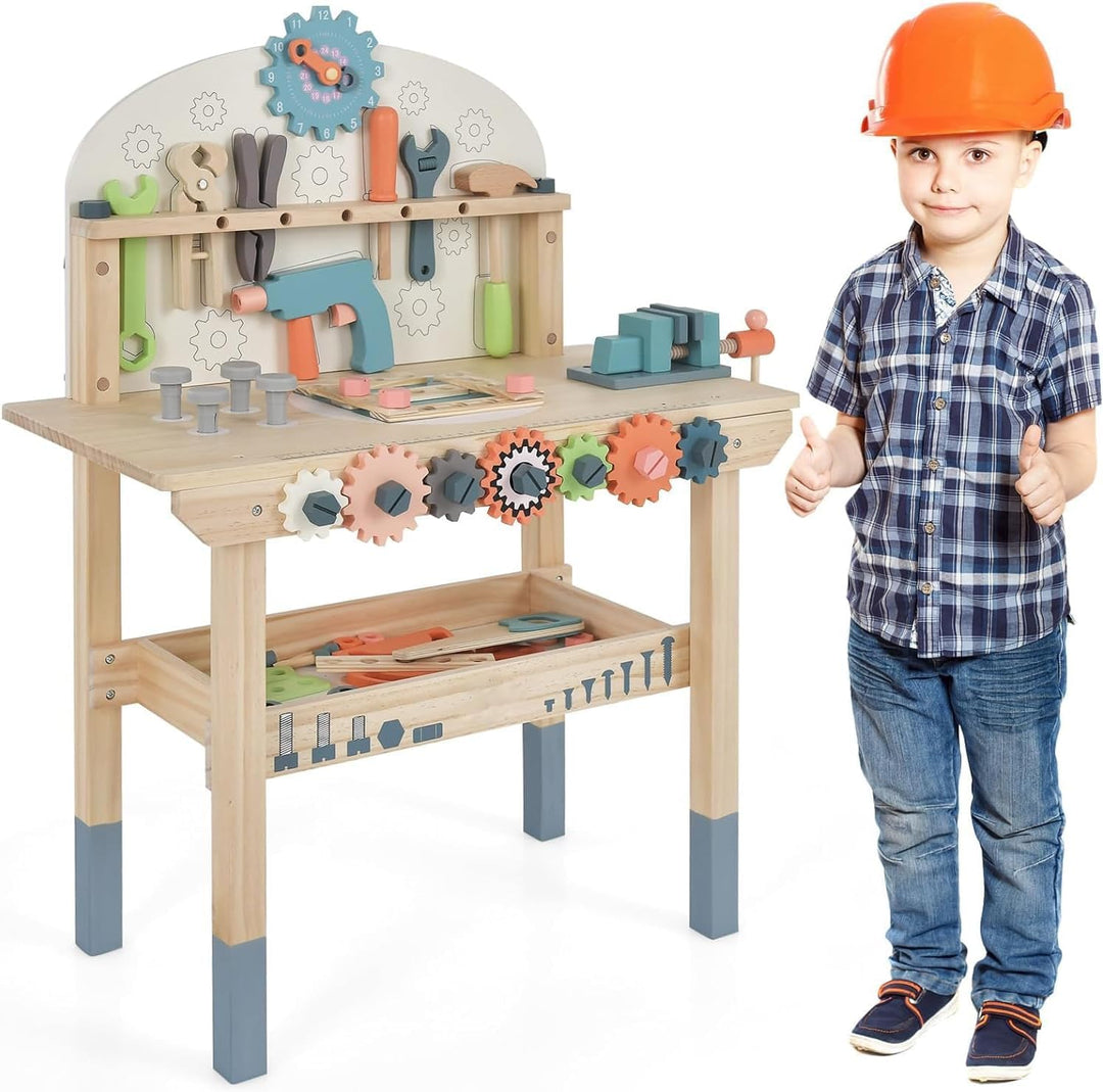 DREAMADE Werkbank Kinder, Werkzeugbank für Kinder aus Holz mit 63 Zubehör, Werkzeug Spielzeug Set mi