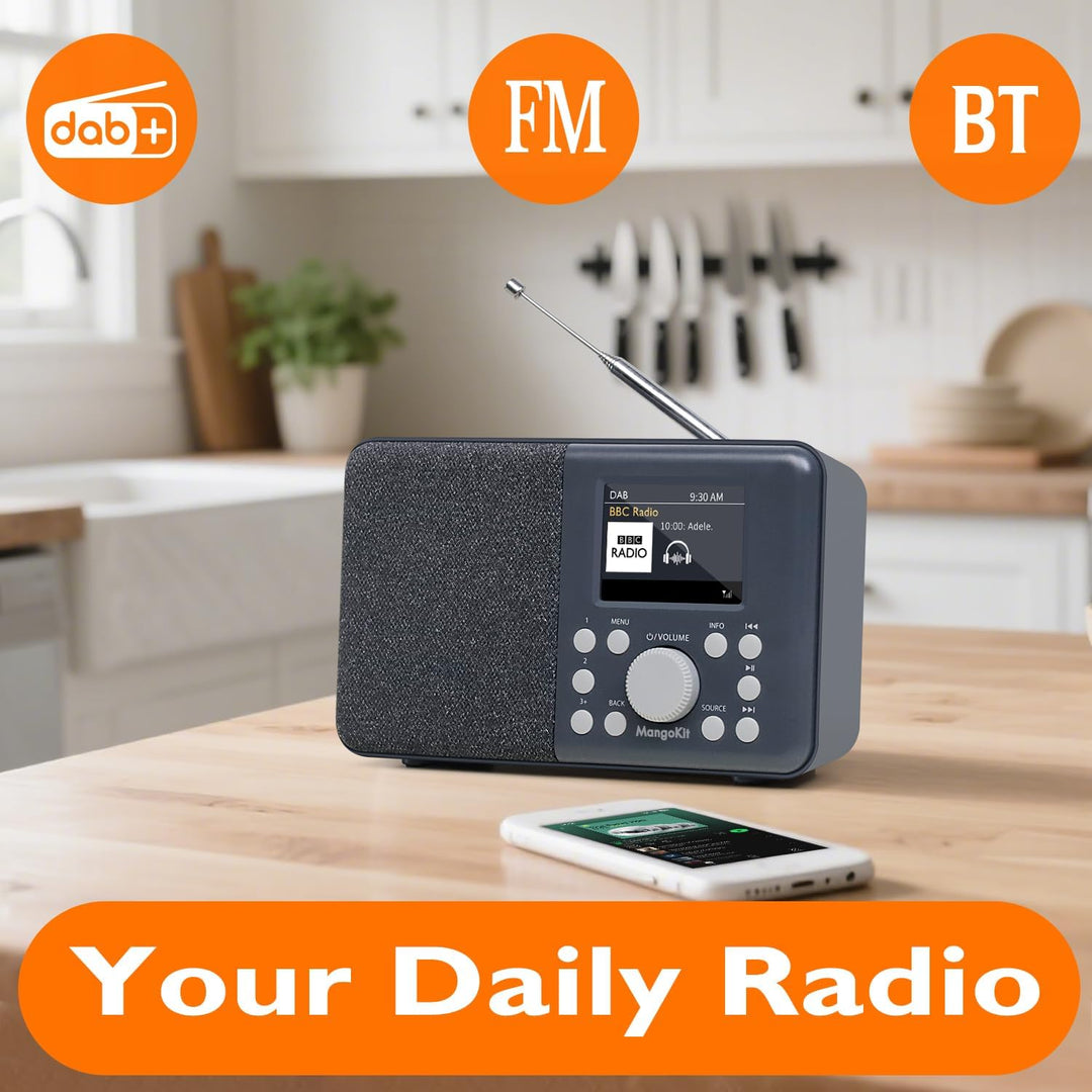 MangoKit MD3 DAB/DAB+ und UKW tragbares Digitalradio, Bluetooth-Lautsprecher, Kopfhörer, 40 voreinge