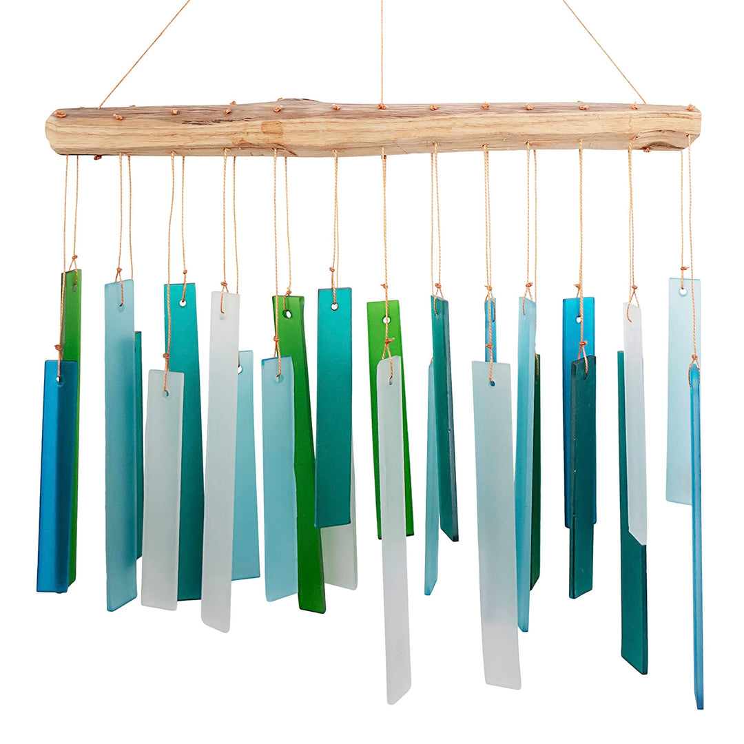 Blue Handworks Windspiel aus Seeglas und Treibholz, handgestrahltes Glas und Fundholz, handgefertigt