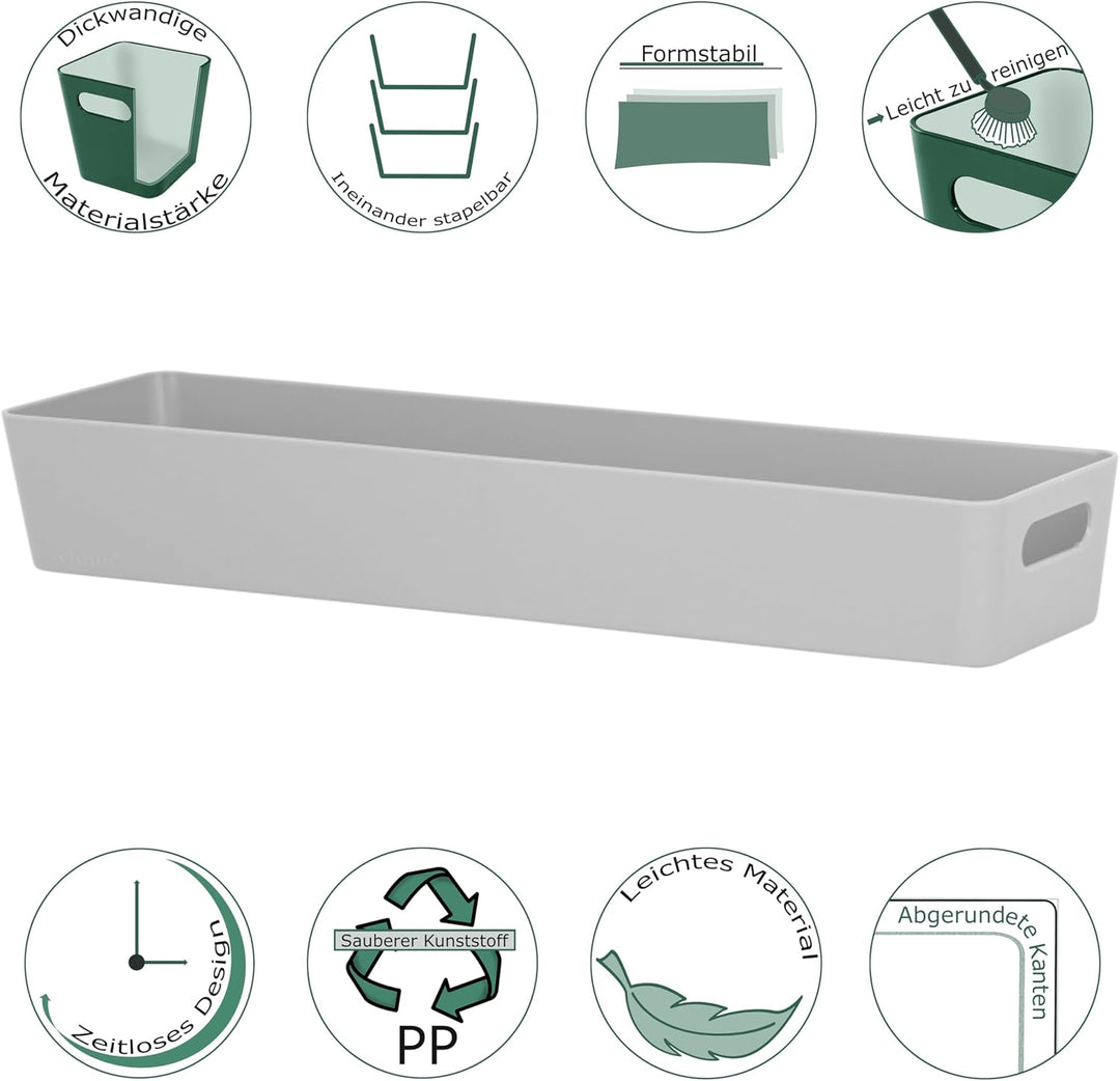 6x Ordnungsboxen - 6 cm hoch - GRAU - 40x10x6cm - 2 Liter - Ordnungskorb - Schubladenorganizer Schub