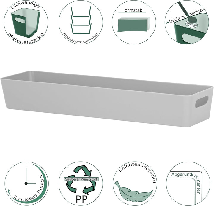 6x Ordnungsboxen - 6 cm hoch - GRAU - 40x10x6cm - 2 Liter - Ordnungskorb - Schubladenorganizer Schub