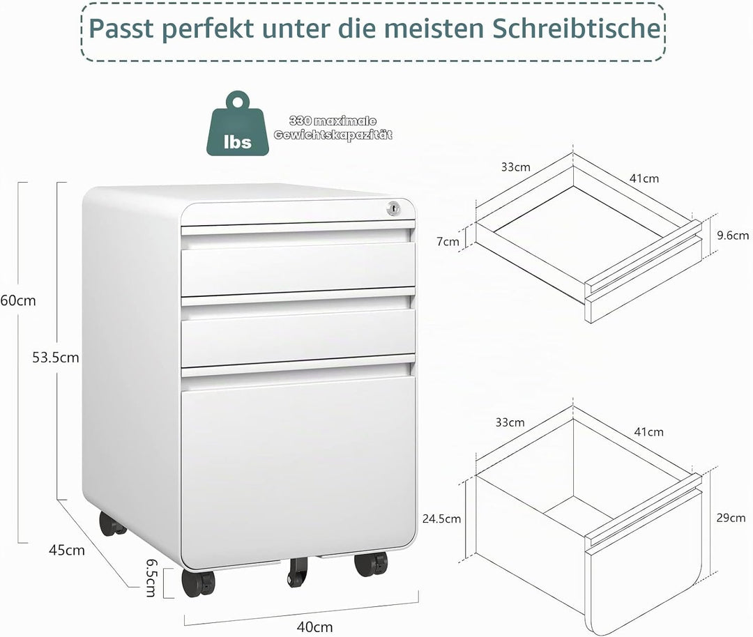 Dripex Metall Rollcontainer Stahl Rollcontainer mit 3 Schubladen und Hängeregistratur Abschliessbare