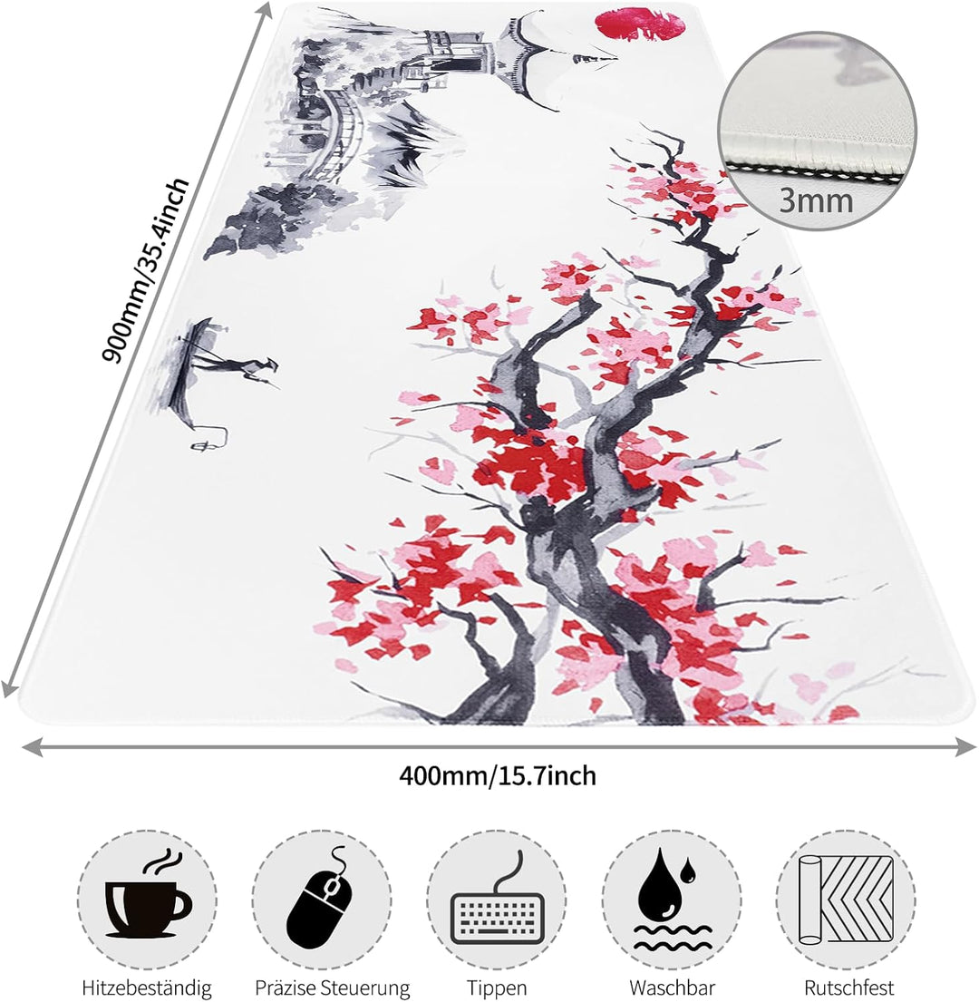 Mousepad Sakura-Muster,XXL Japanische Kunst Fuji Mauspad,Überdimensionales rutschfeste Gummimatten G