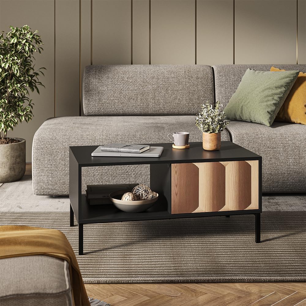 Vicco Couchtisch Eliza, Schwarz/Eiche, 90 x 50 cm mit Schublade, kombinierbar mit weiteren Möbeln de