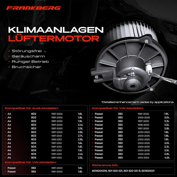Frankberg Heizungsgebläse Gebläsemotor Kompatibel mit A4 8D2 B5 1.6L-2.8L 1997-2001 P.a.s.s.a.t 3B2