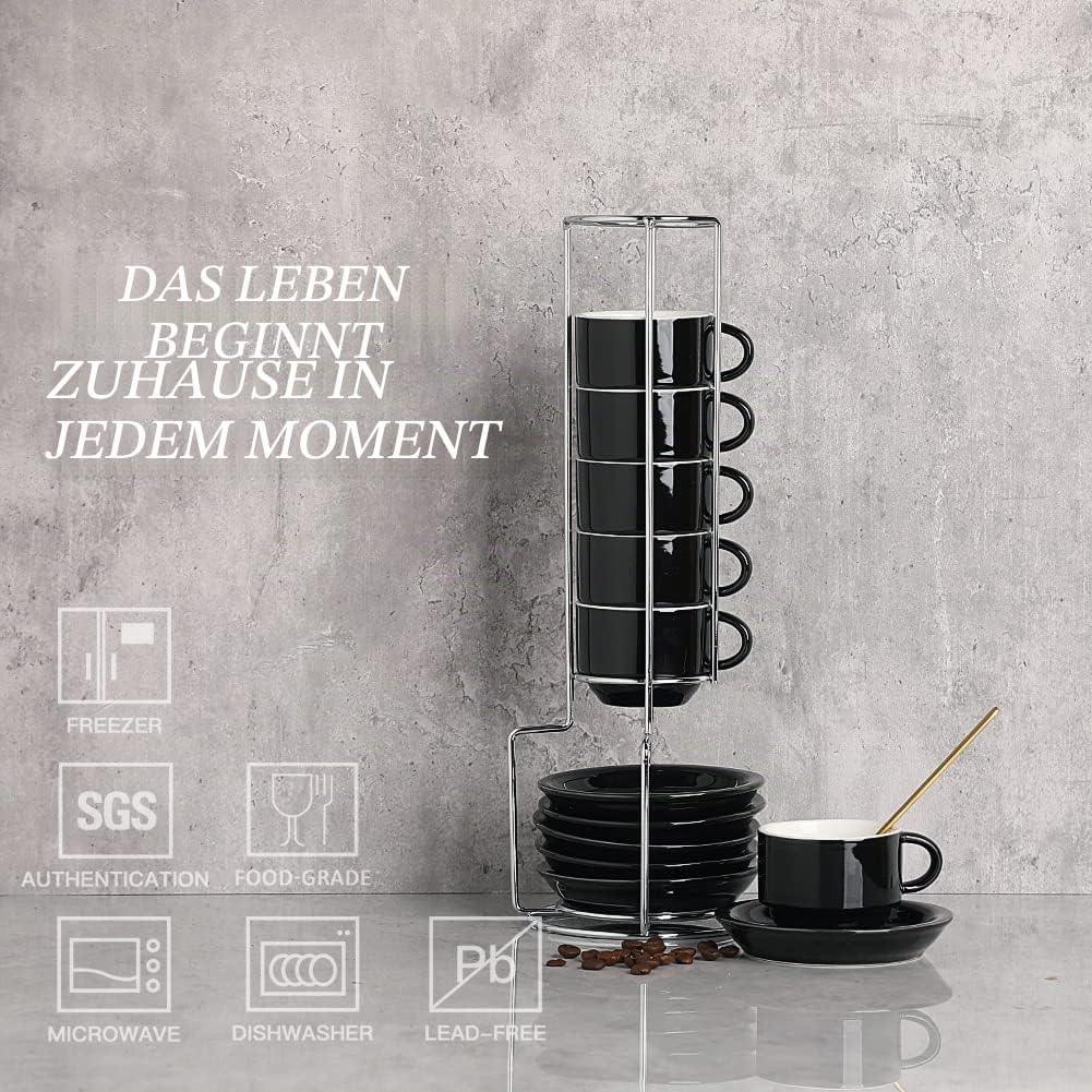 Sweejar Home Espressotasse und Untertasse, Porzellan, stapelbare Demitasse-Tassen mit Metallständer,