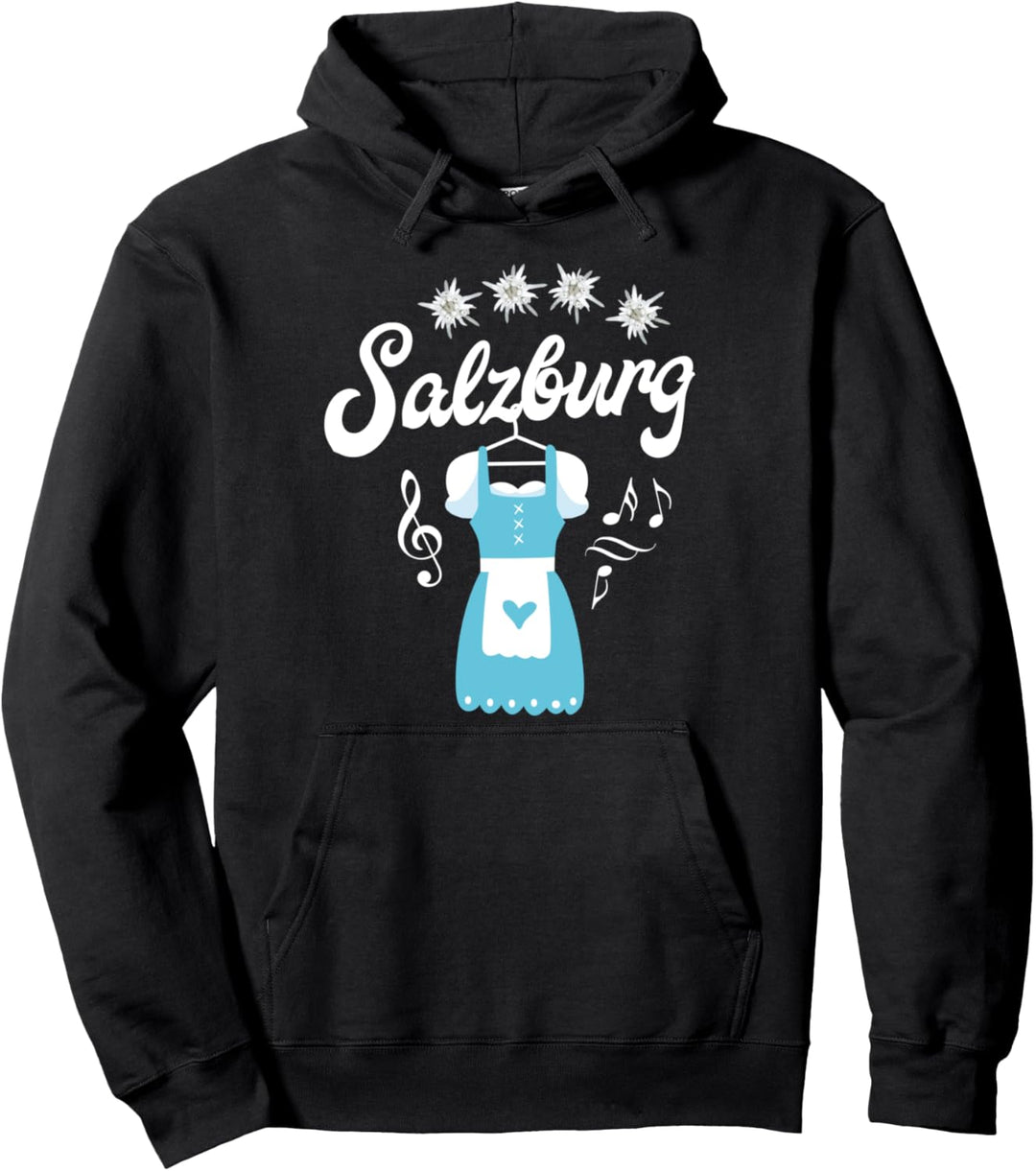 Salzburg mit Edelweiss, blau Dirndl + Noten Pullover Hoodie