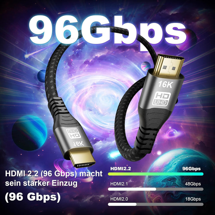 CAKOBLE hdmi 2.2 kabel 1.5m - 96Gbps Ultra Hochgeschwindig | 16K@60Hz, 8K@240Hz, 4K@480Hz | eARC, HD
