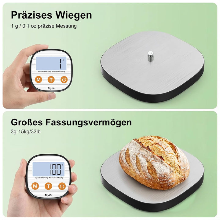 Diyife Aufladen Digitale Küchenwaage 15kg mit Geteilt LCD-Display, Grammwaage Hochpräzise 1g, 304 Ed