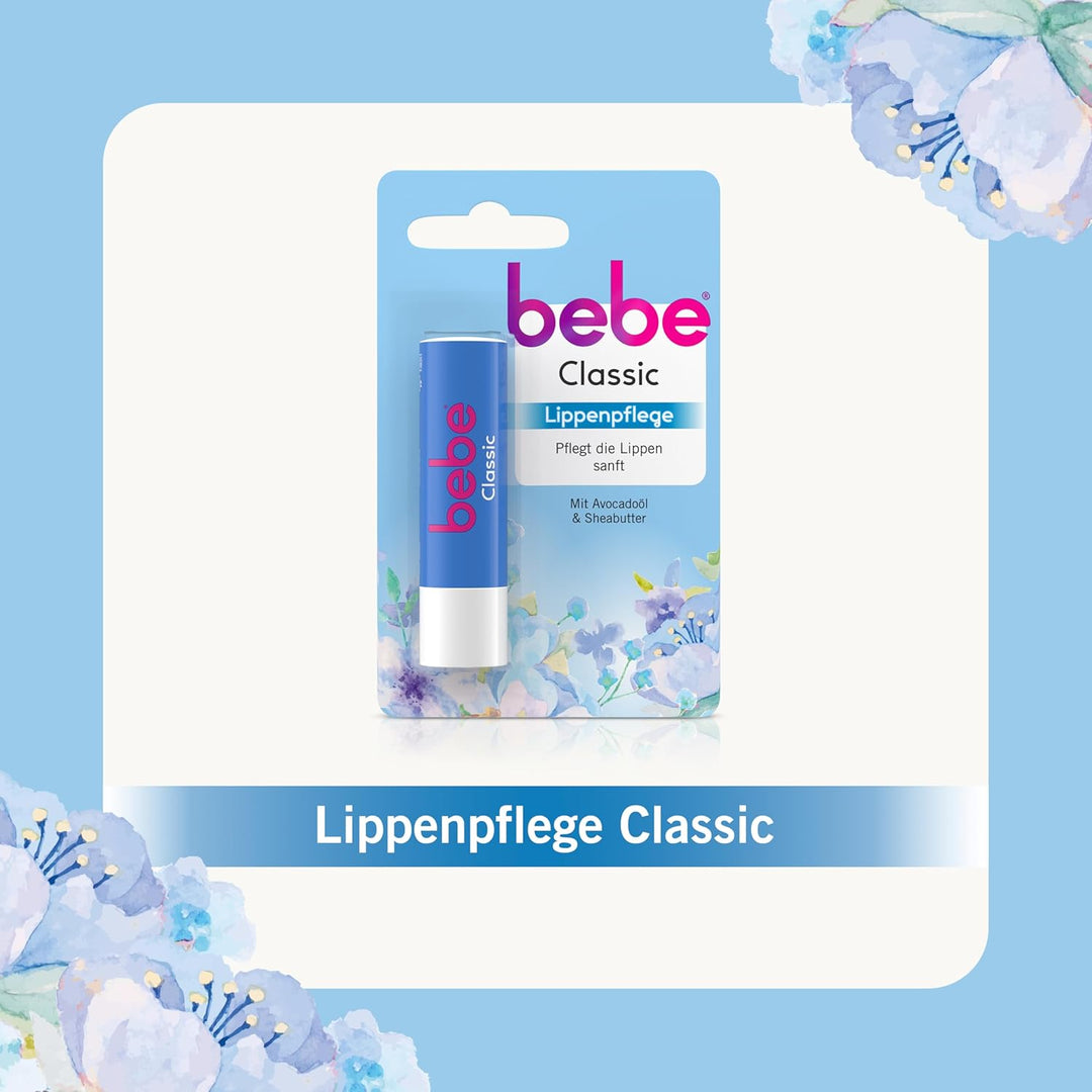 bebe Classic Lippenpflege (12 x 4,9 g), Lippenpflegestift mit Avocadoöl & Sheabutter, pflegt die Lip