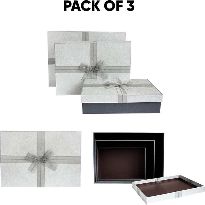 Emartbuy Set mit 3 stabilen Geschenkboxen, dunkelgraue Box mit silbernem Deckel, brauner Innenseite