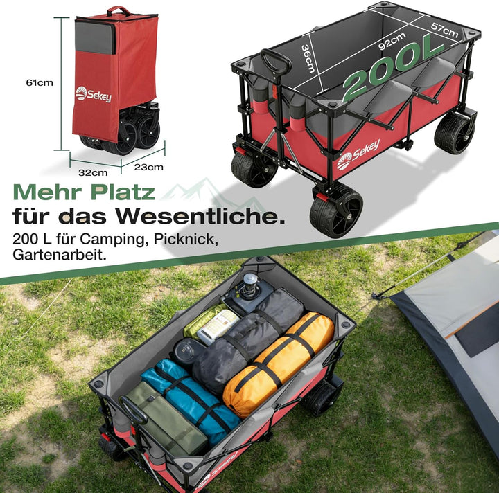 Sekey XXL Plus Bollerwagen Faltbar 200L 200KG Belastbar, Faltbollerwagen mit Extra Breite 17x10 cm A