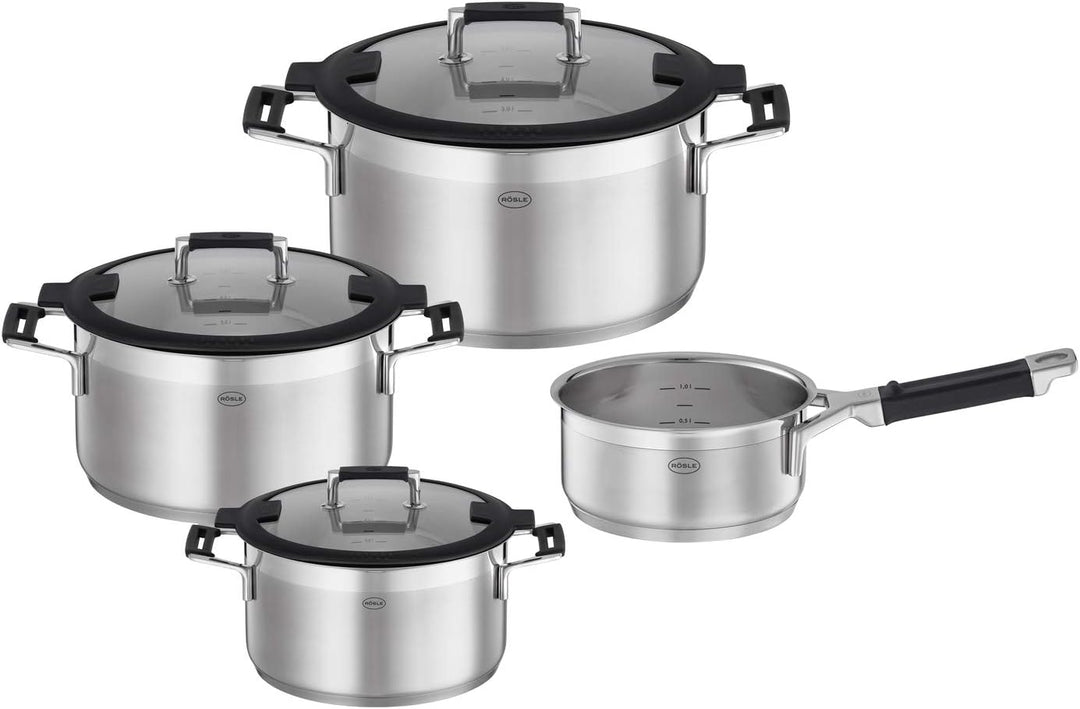RÖSLE SILENCE PRO Topf-Set 4-teilig, hochwertiges Universaltopfset mit 3 Kochtöpfen und 1 Stielkasse