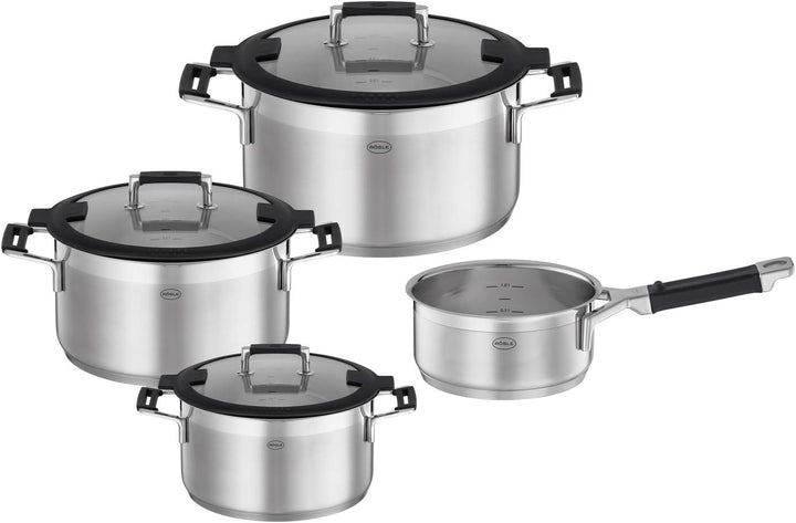 RÖSLE SILENCE PRO Topf-Set 4-teilig, hochwertiges Universaltopfset mit 3 Kochtöpfen und 1 Stielkasse