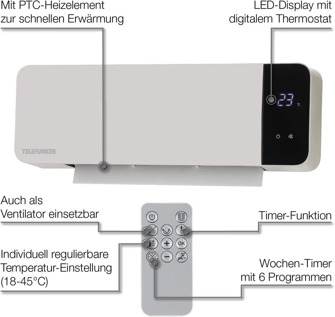 Telefunken Keramik Wandheizlüfter PTCWH-2000W | LED-Display mit digitalem Thermostat & Fernbedienung
