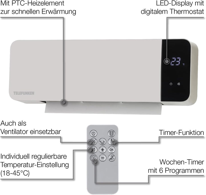 Telefunken Keramik Wandheizlüfter PTCWH-2000W | LED-Display mit digitalem Thermostat & Fernbedienung