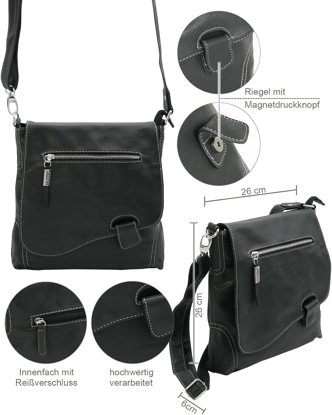BAG STREET - Damen Handtasche mit Riegel-Magnetverschluss und Reissverschluss - 4 Liter Volumen - Um
