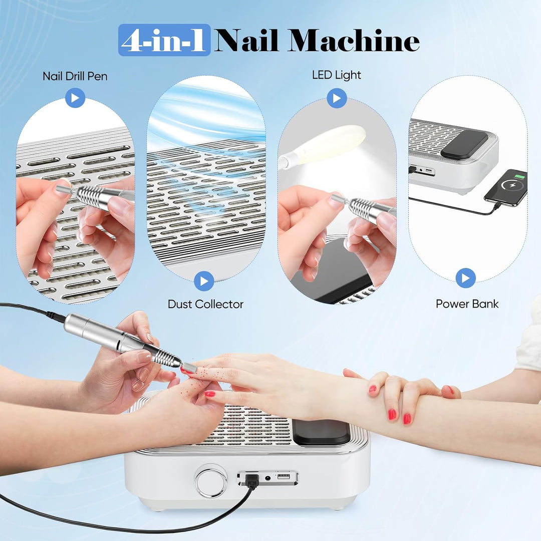4-in-1 Elektrische Nagelfeile mit Staubsauger, LED-Lampe & Powerbank, 45.000 U/min Professionelle Na