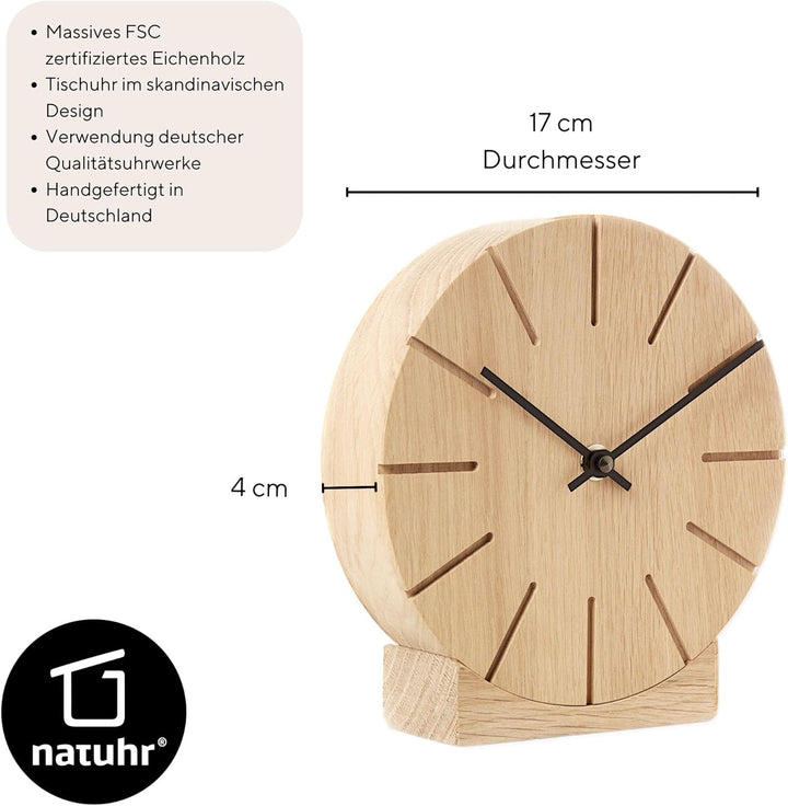 Natuhr Wanduhr Tischuhr Eiche Holz - Boom - geräuscharm Massivholz Design ø17 cm (Eiche unbehandelt
