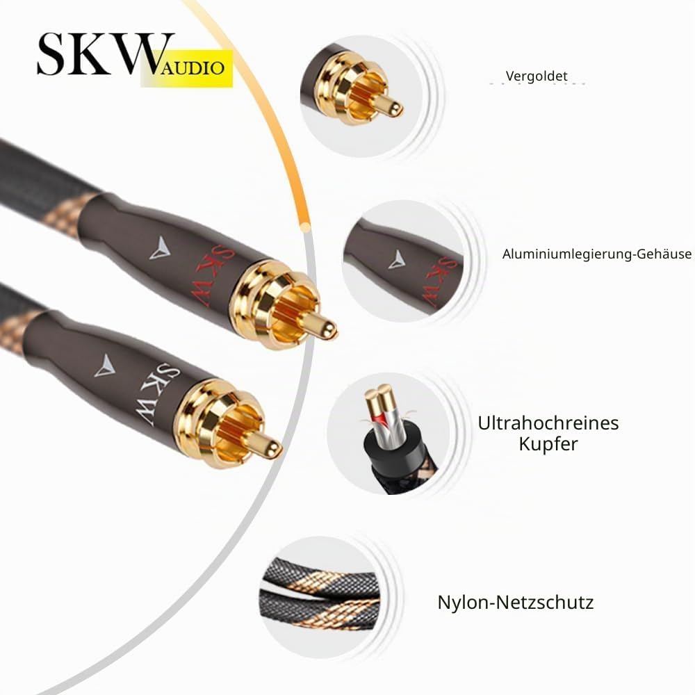 SKW Audiophiles Cinch Audio Kabel, 2 x Cinch zu 2 x Cinch Kabel mit OD 6mm Audiophile Cinch-Kabel (2